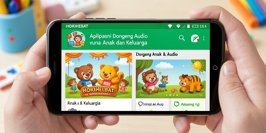 Antarmuka HOKIHEBAT dengan pilihan dongeng audio yang menarik.